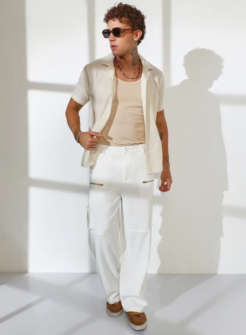CAHOOT  Men's Chalk White Straight-Fit Utility Trousers For Casual Wear | Mid-Rise | 8 Pockets | Button Closure | Cargo Pants Crafted With Comfort Fit For Everyday Wear for Men | Best Price UAE